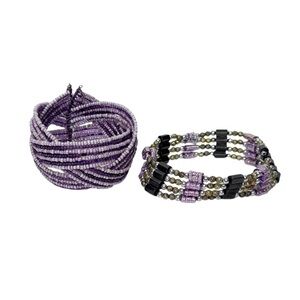 2 Vintage Y2K Purple Bracelets Beaded Cuff & Magnetic Beaded Convertible Chain